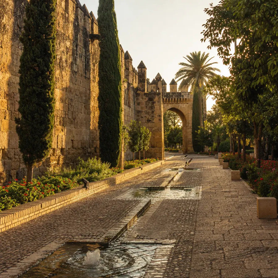 Recreación ilustrativa: Muralla y paseo de la calle Cairuán junto a la Puerta de Almodóvar en Córdoba