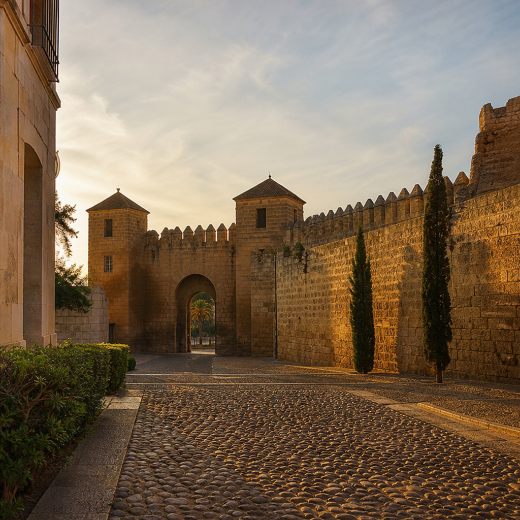 Puerta de Almodóvar y muralla de Córdoba al atardecer