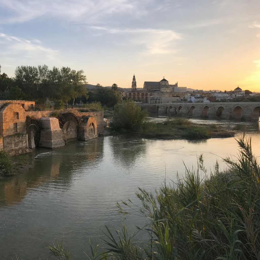 Vista de la noria de la Albolafia y el Alcázar desde los Sotos de la Albolafia en Córdoba