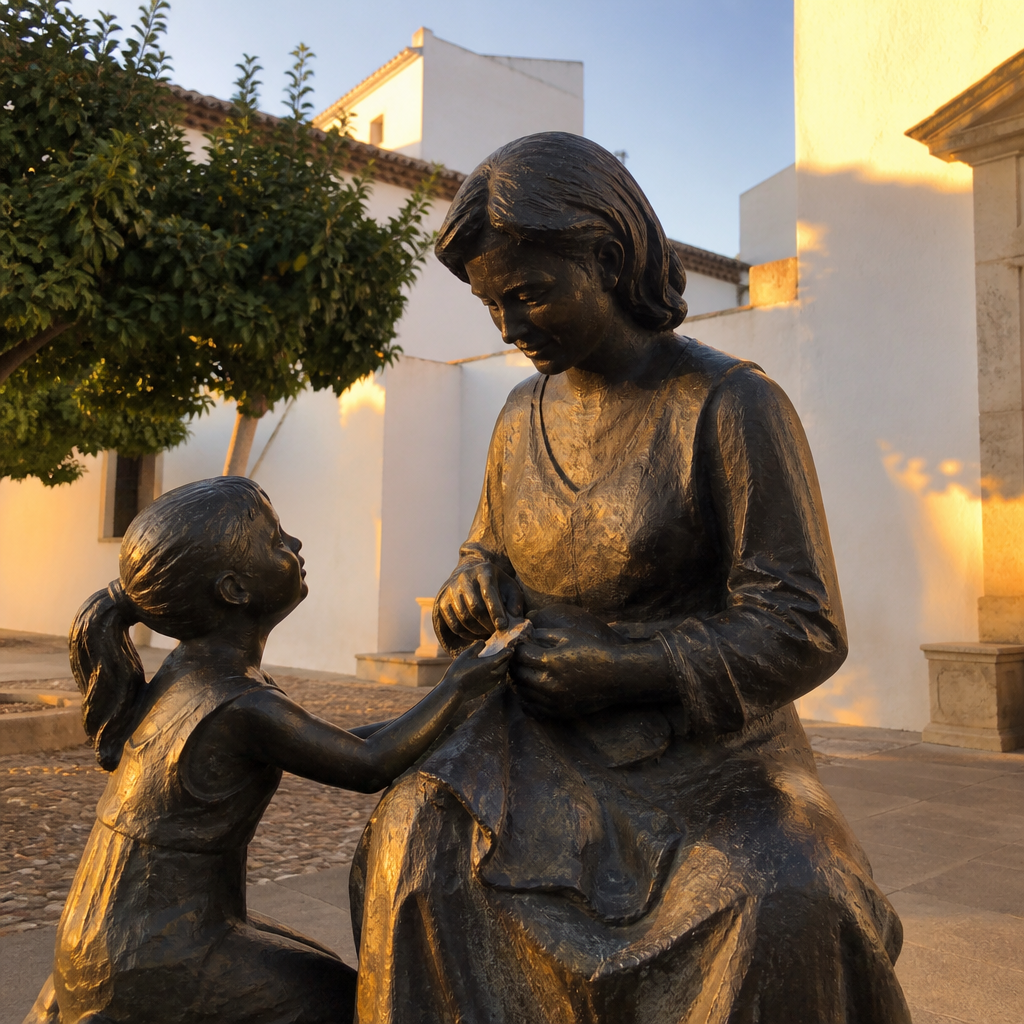 Escultura del abuelo y el nieto en San Basilio, relevo de los cuidadores de patios cordobeses