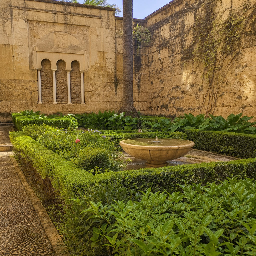 Jardín andalusí y surtidor de los Baños del Alcázar Califal en Córdoba