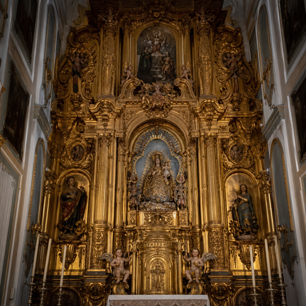 Retablo mayor y ángeles del sagrario en el Santuario de Nuestra Señora del Carmen de Rute