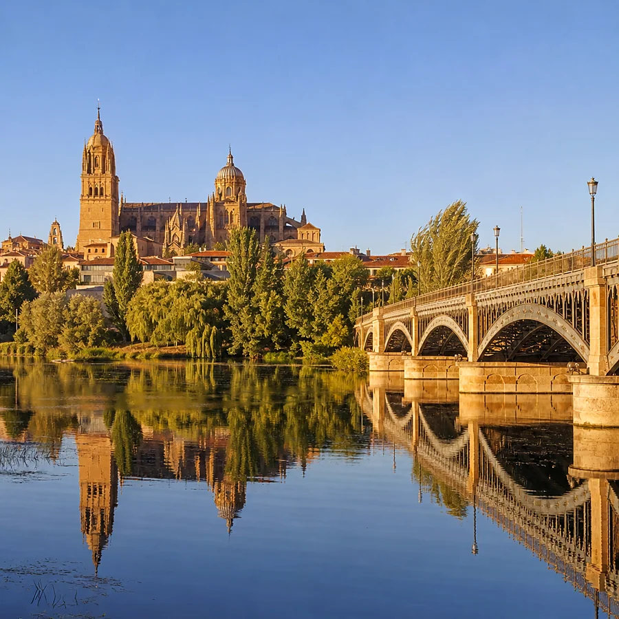 Recreación ilustrativa: Mirador del Embarcadero de Salamanca con la Catedral reflejada en el Tormes