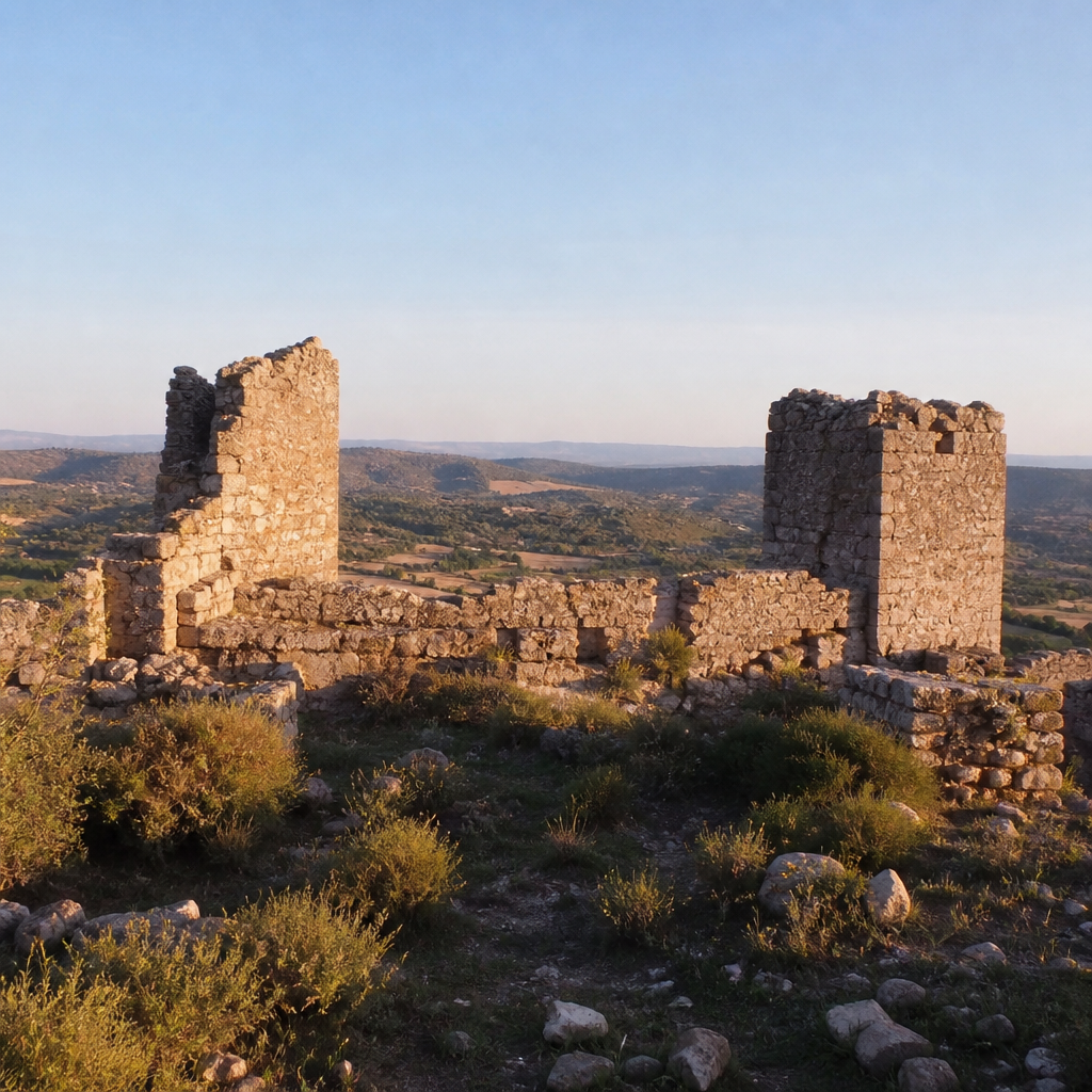 Ruinas de murallas y torres prismáticas del Castillo de Miramontes, sobre el paisaje de Santa Eufemia.