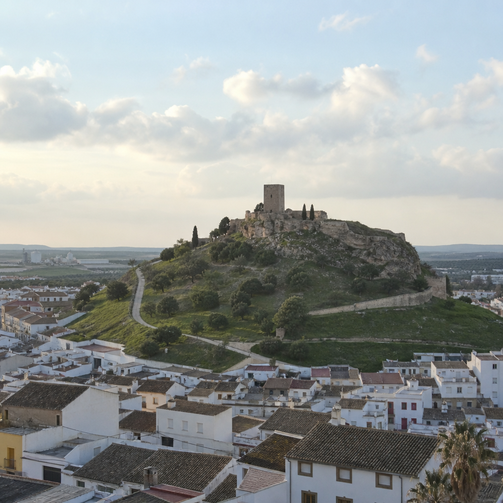 El cerro del castillo de Santaella visto con la torre y el casco urbano.