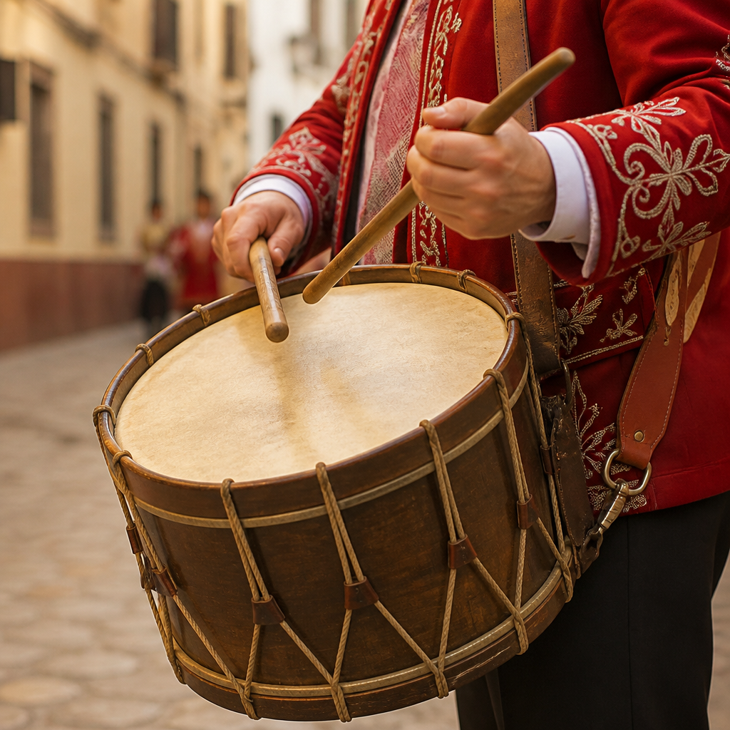 Tambor artesanal del Judío de Baena con baquetas y tahalí