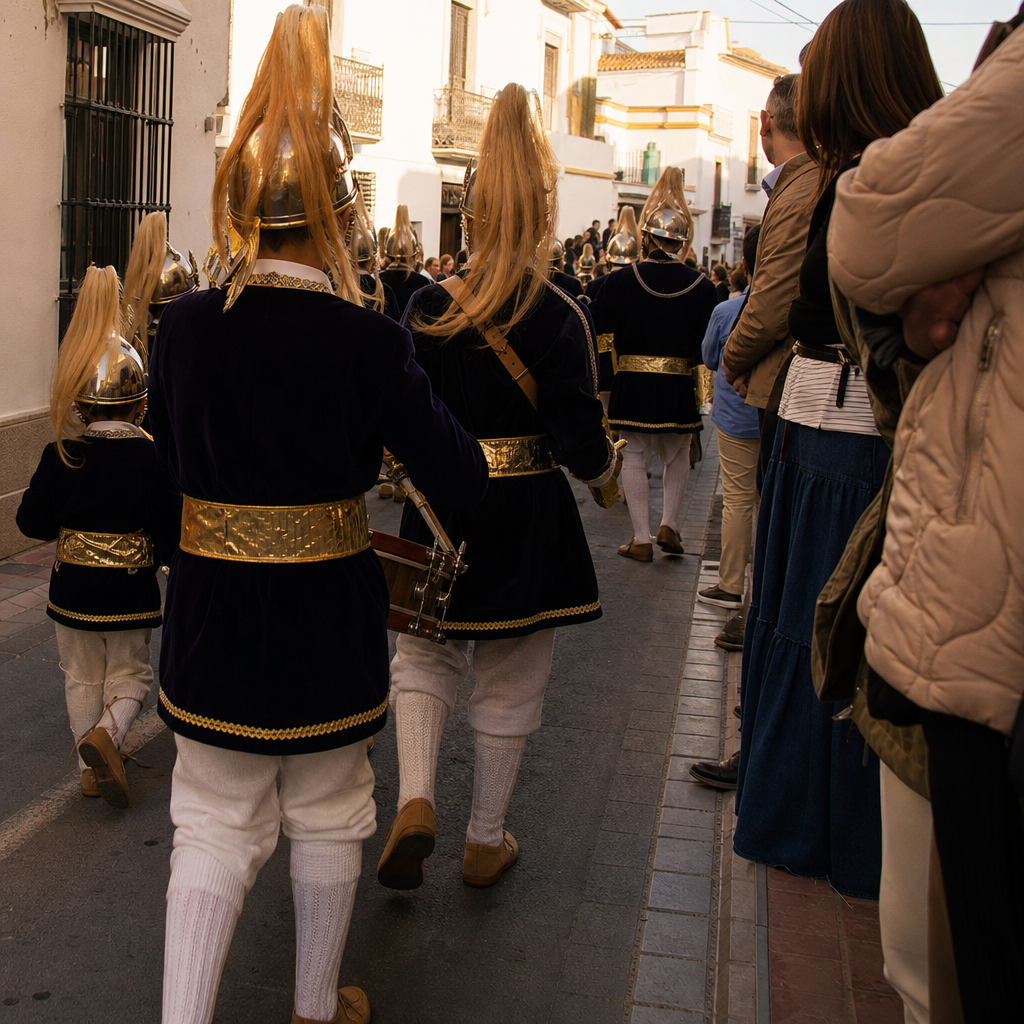 Cuadrilla de Judíos con niños desfilando por una calle de Baena
