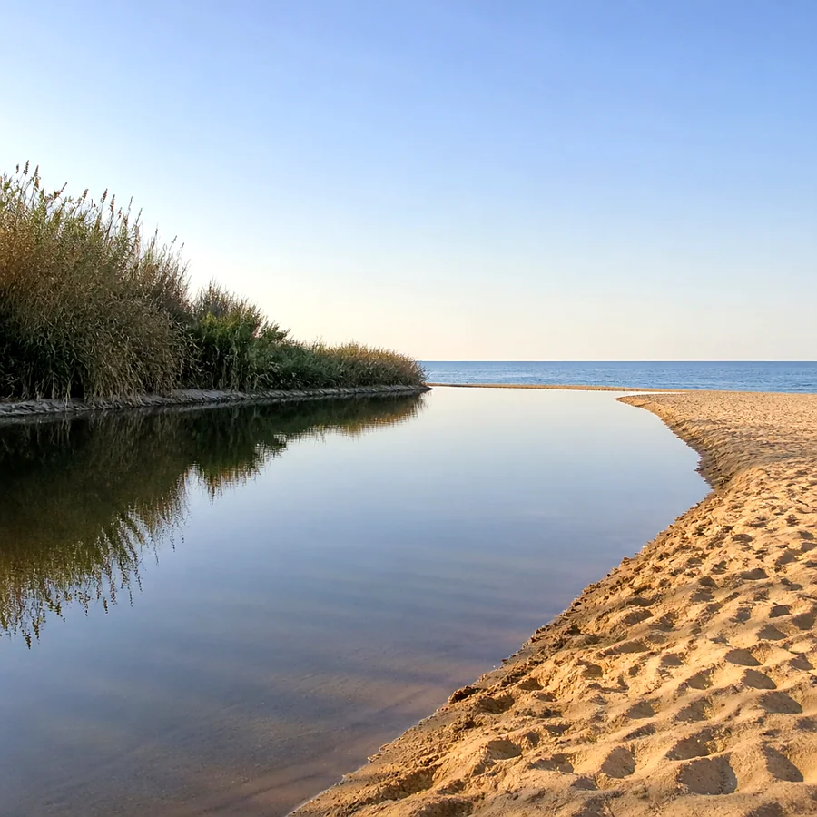 Recreación ilustrativa: Desembocadura del riu Gaià llegando a la playa de Tamarit con agua quieta