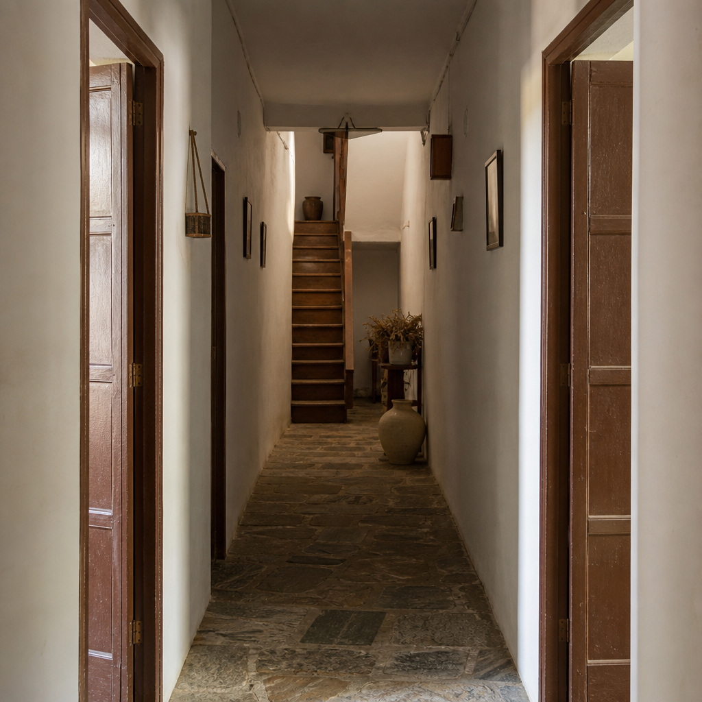 Pasillo central de la vivienda del alguacil en la Casa de la Cárcel de Torrecampo