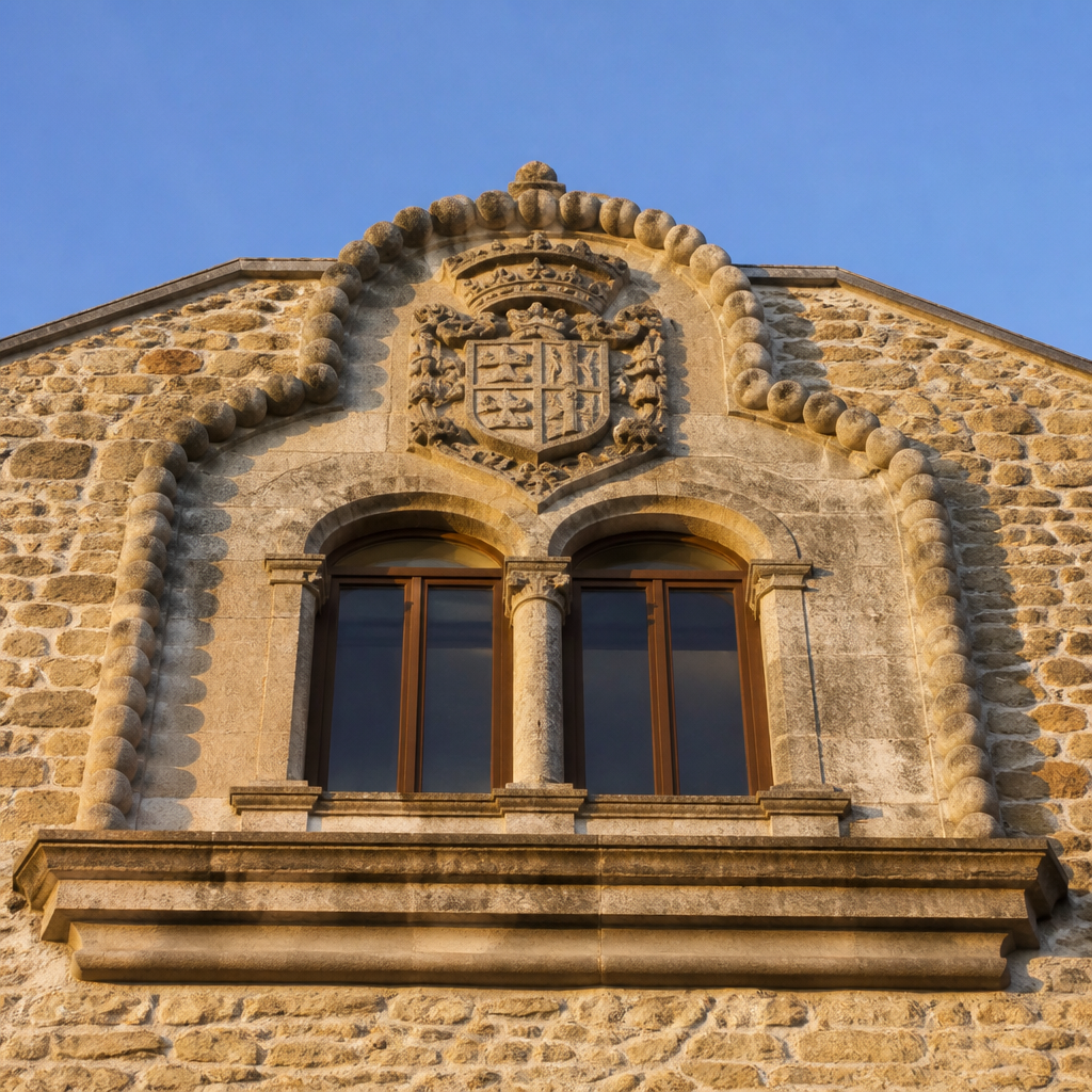 Ventana geminada y escudo de la Casa del Casino de Torrecampo