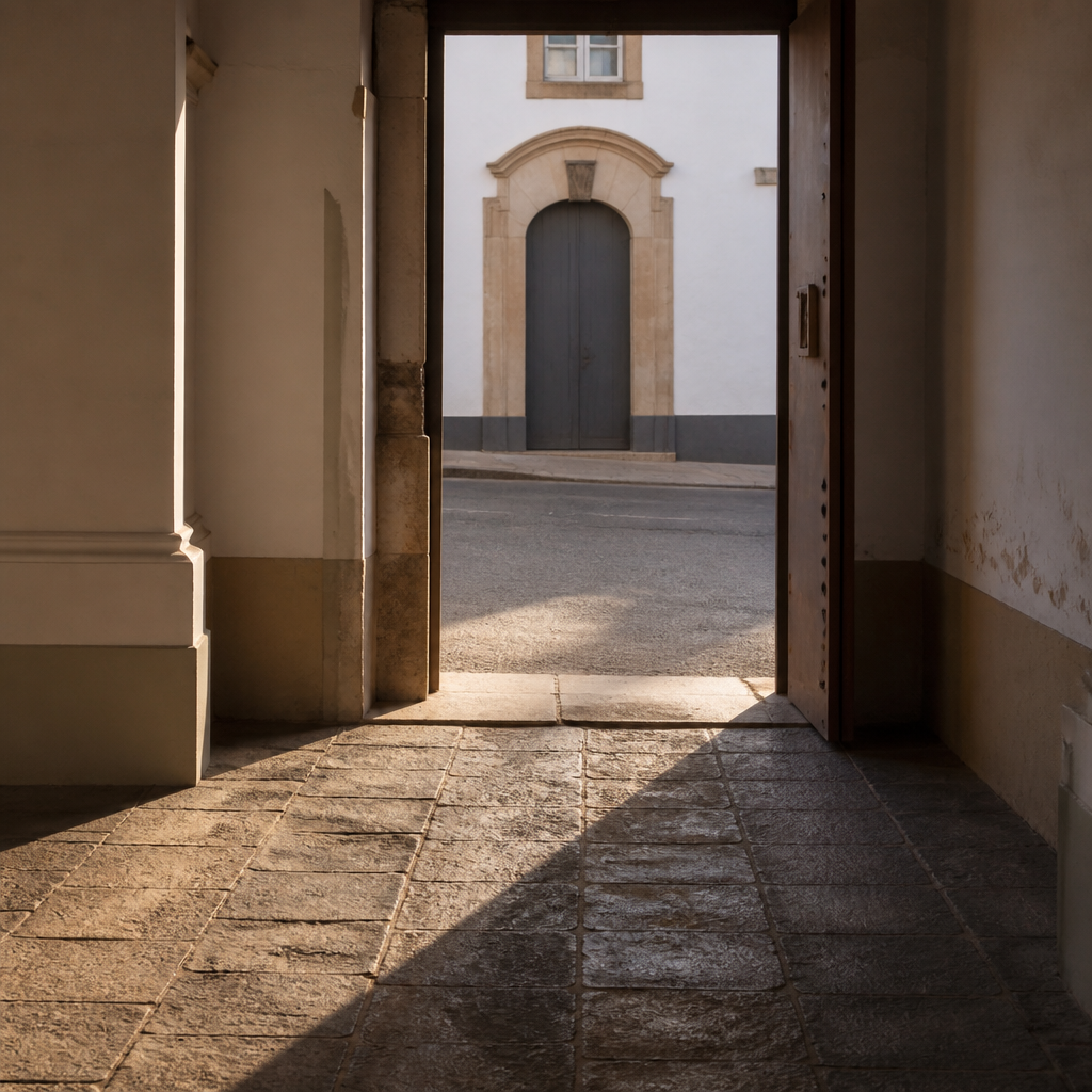 Interior de la Casa del Casino en Torrecampo con luz entrando desde la portada
