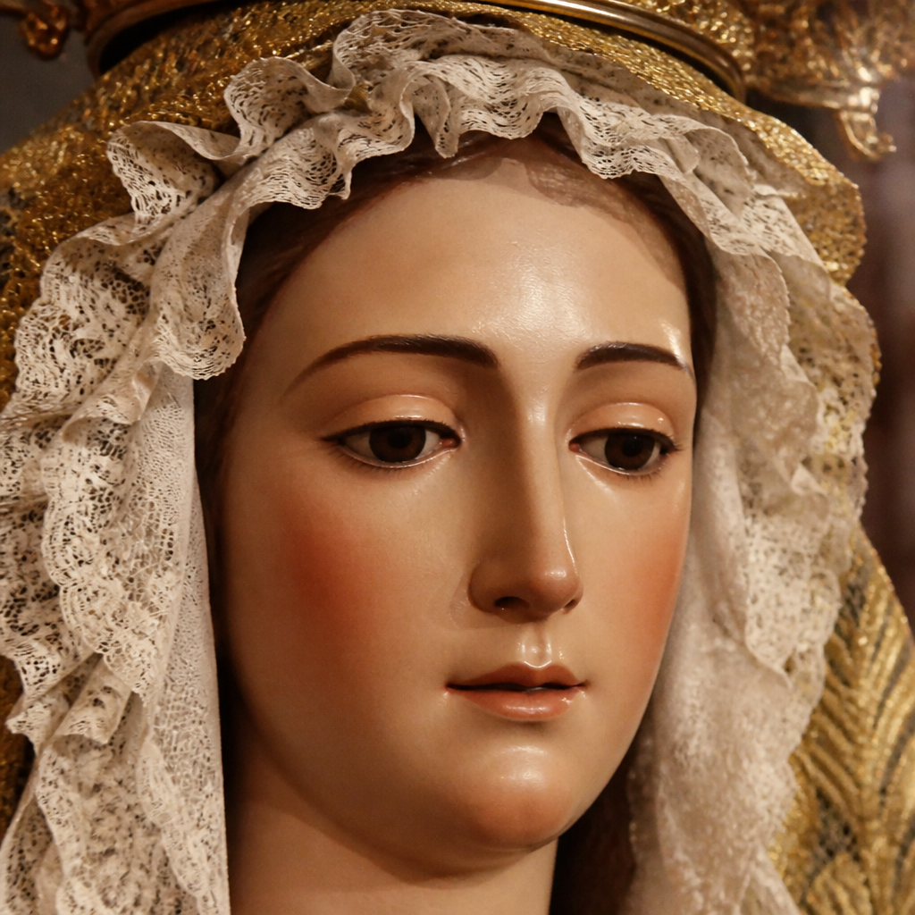 Rostro de la imagen de Nuestra Señora de las Veredas, con la señal del disparo de 1937 en la frente.