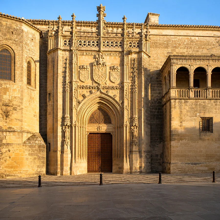 Recreación ilustrativa: Portada gótico-isabelina de la iglesia de San Pablo en Úbeda con los escudos del obispo