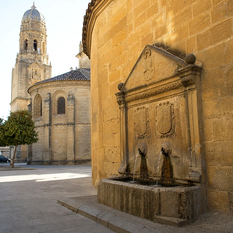 Recreación ilustrativa: Fuente renacentista y torre plateresca junto al ábside de San Pablo en Úbeda