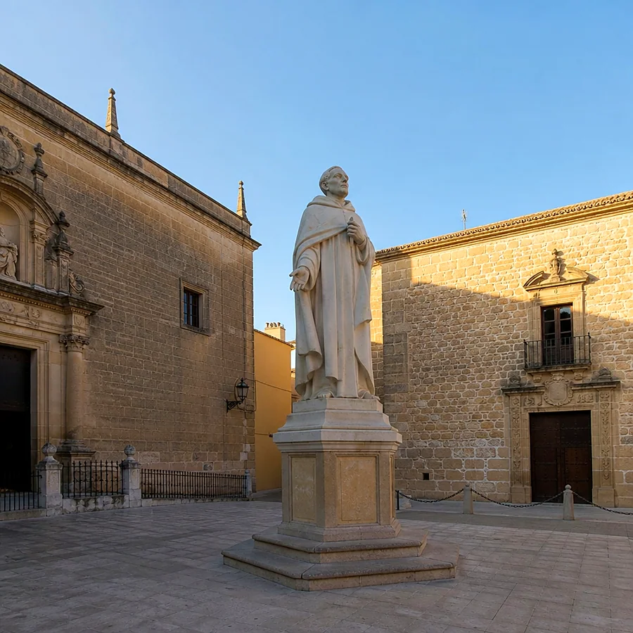 Recreación ilustrativa: Monumento de mármol a San Juan de la Cruz en la Plaza 1º de Mayo de Úbeda