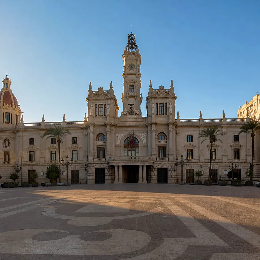 Recreación ilustrativa: Plaza del Ayuntamiento de València en la fiesta de Sant Donís el 9 de octubre