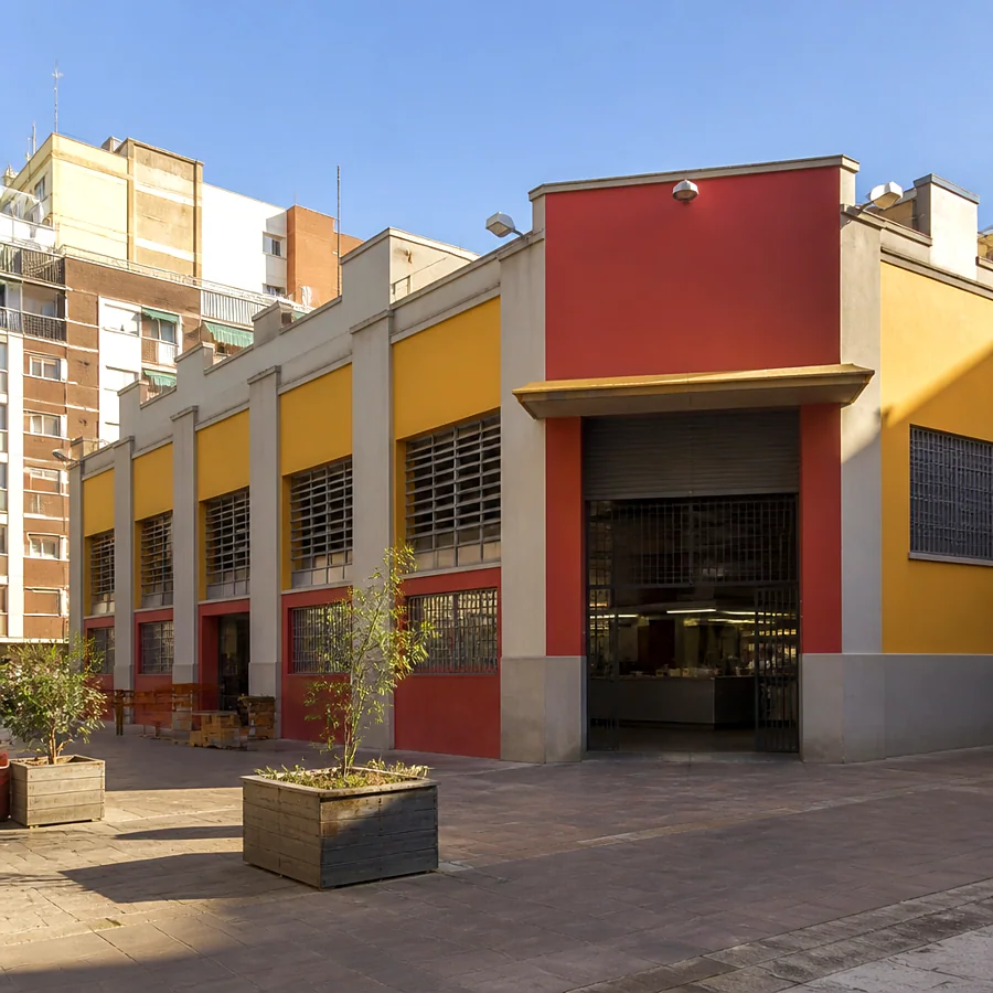 Recreación ilustrativa: Mercado de Ruzafa y sus fachadas de colores, València