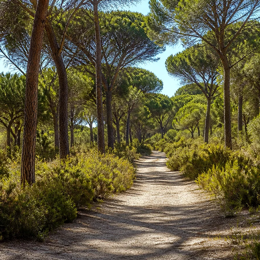 Recreación ilustrativa: Senderismo en el Pinar de Antequera entre pinos piñoneros