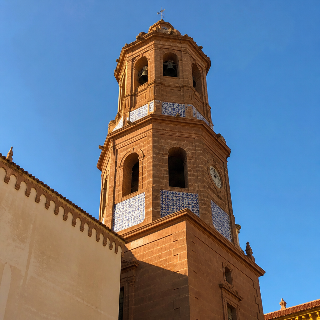 Torre campanario de ladrillo y azulejería azul de la iglesia de la Inmaculada Concepción en Valsequillo