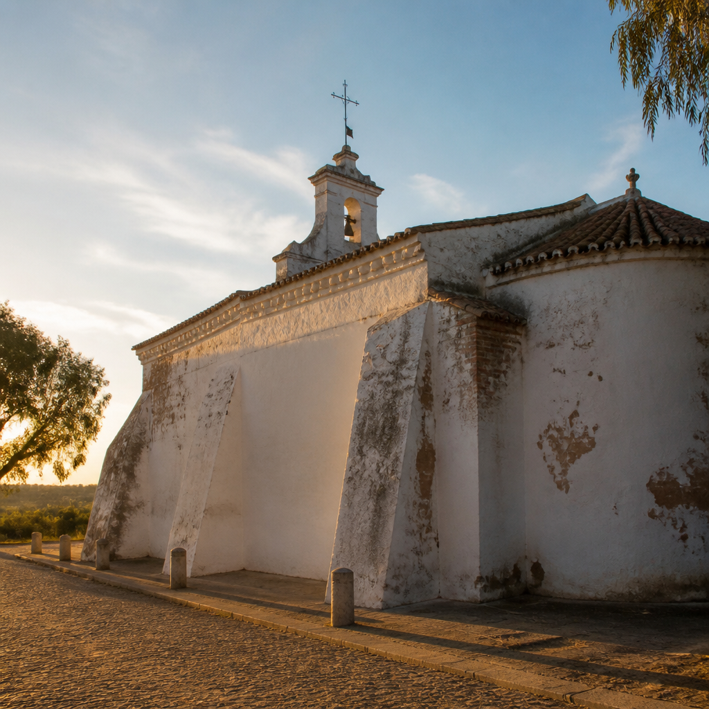 Exterior con contrafuertes y espadaña de la Ermita de la Soledad en Villafranca de Córdoba