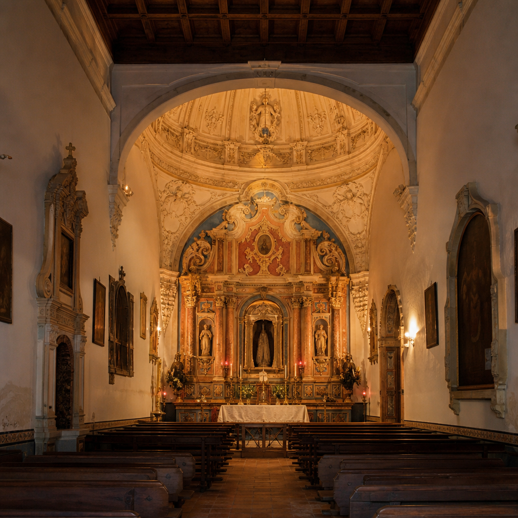 Interior con artesonado, cúpula y retablo de la Ermita de Nuestro Padre Jesús Nazareno en Villafranca de Córdoba