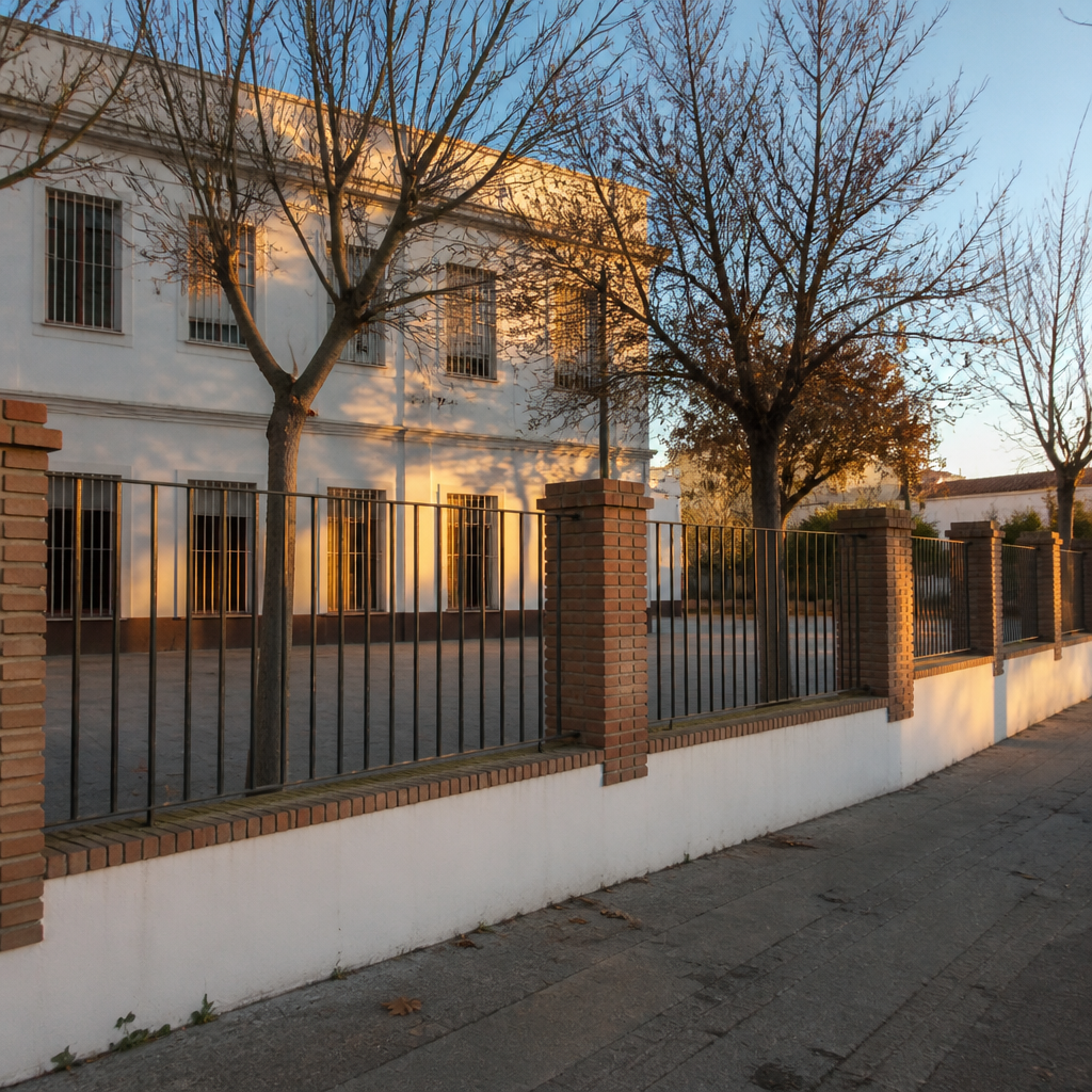 Patio y cerramiento de la Escuela Nacional de Niños de Villafranca de Córdoba