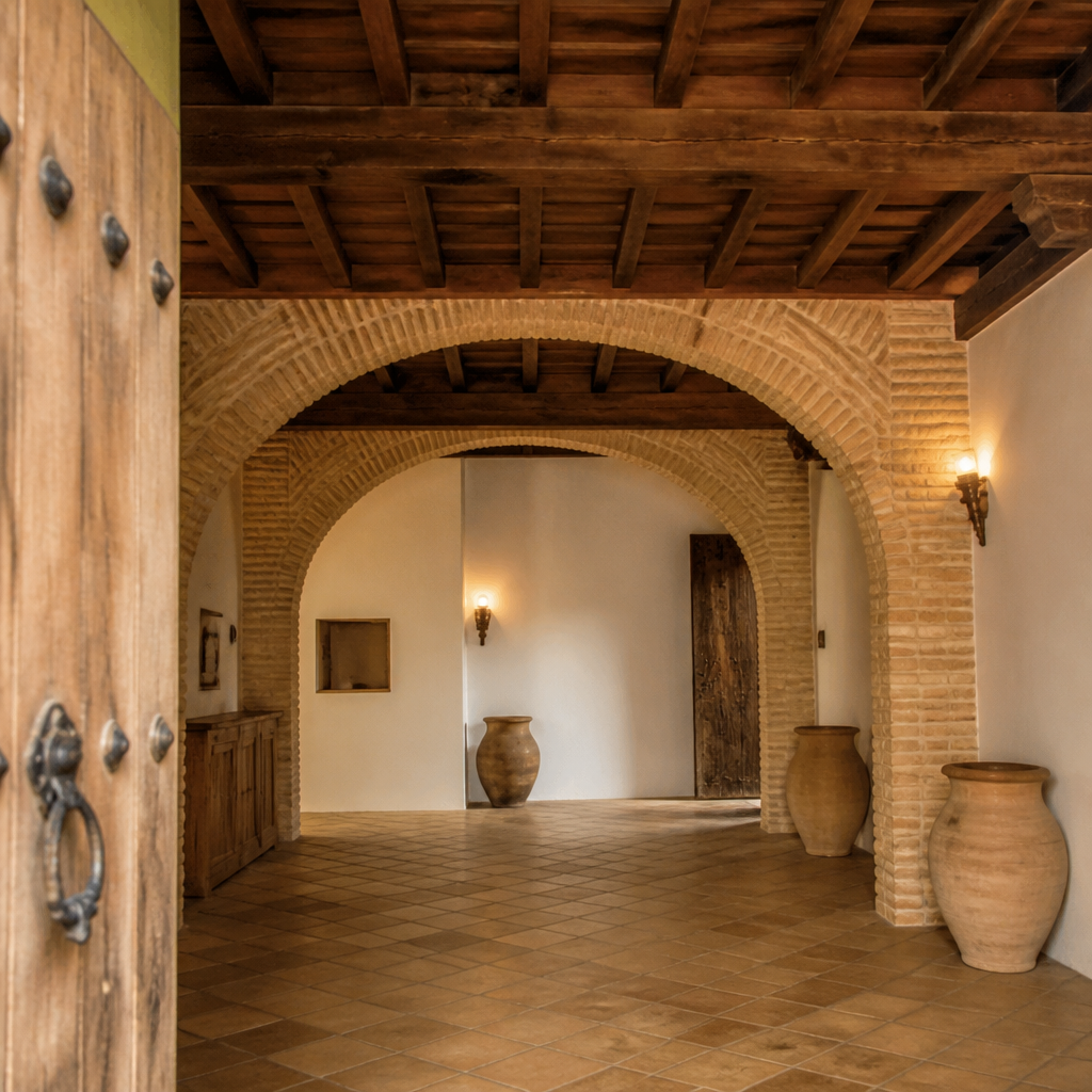 Arcos de ladrillo y artesonado del interior del Pósito Municipal de Villafranca de Córdoba