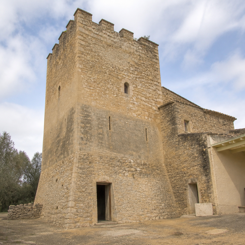 Fachada este de la Torre Juncá con alambor, puerta y aspilleras