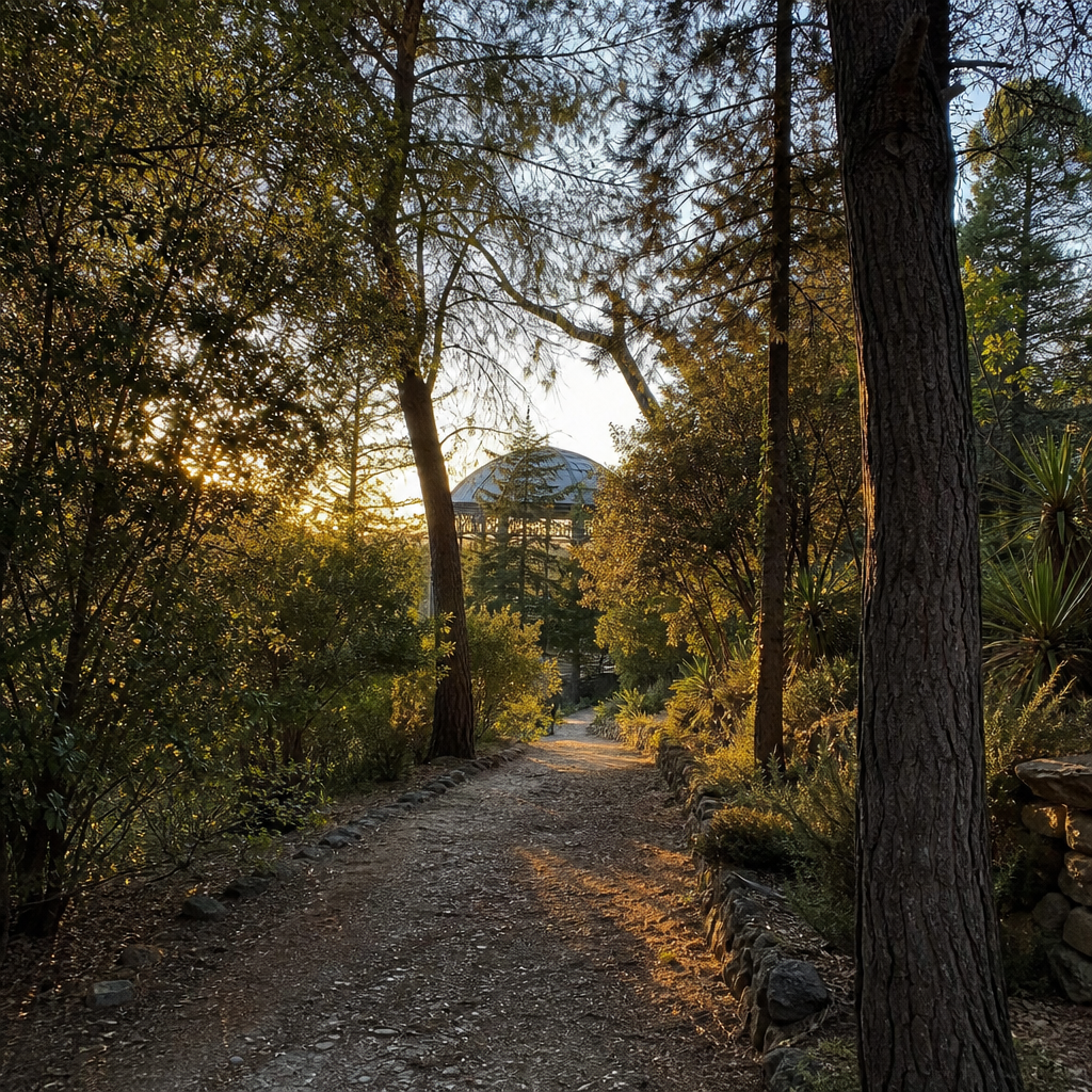 Jardines del Antiguo Balneario de Fuente Agria en Villaharta al atardecer