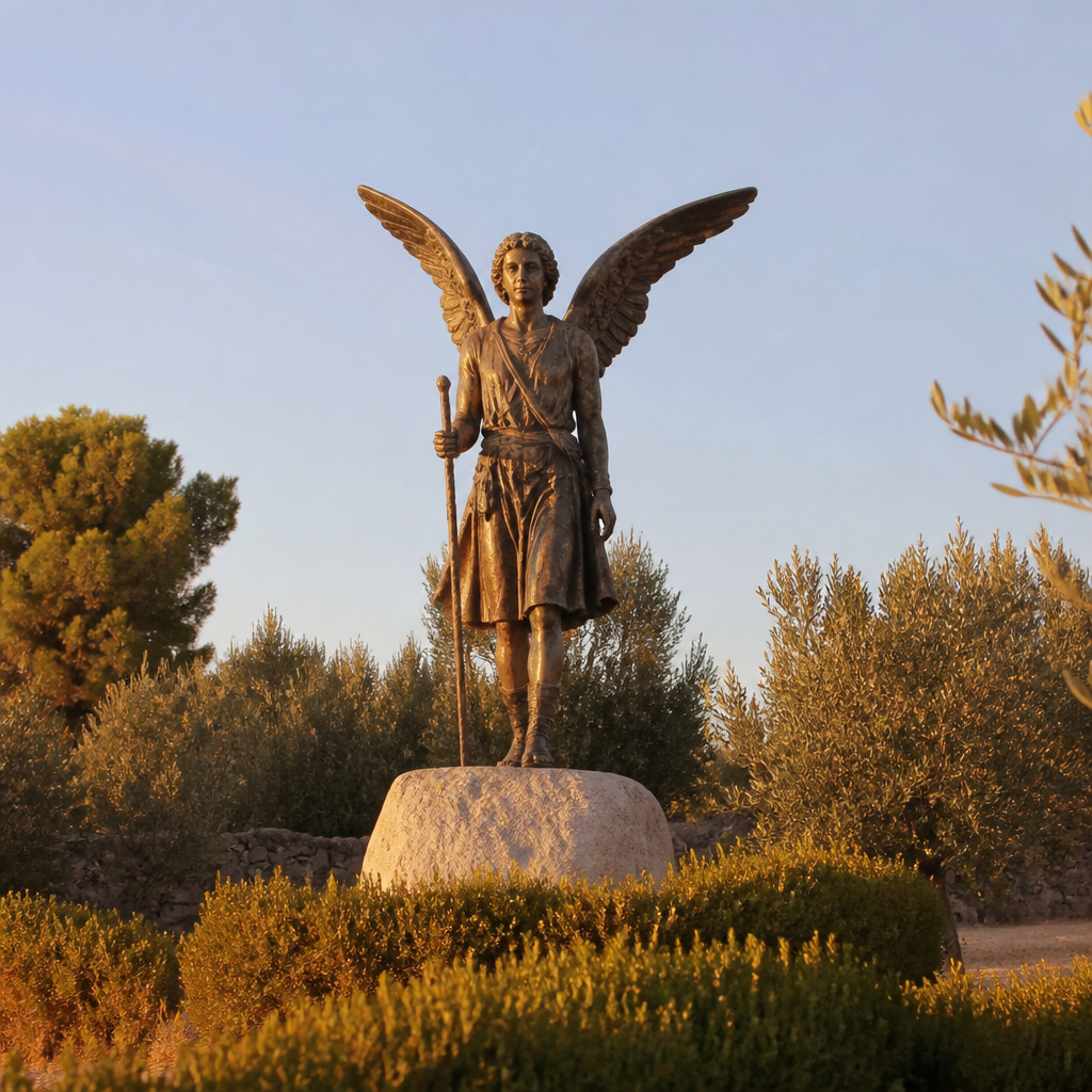 Figura de la Escultura Triunfo de San Rafael en Villaharta vista de frente