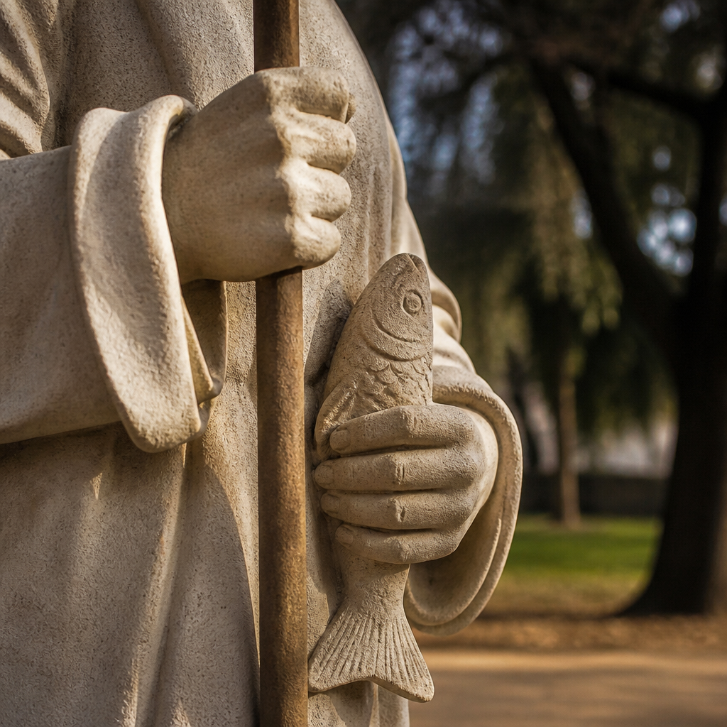 Detalle del bastón y el pez de la Escultura Triunfo de San Rafael en Villaharta