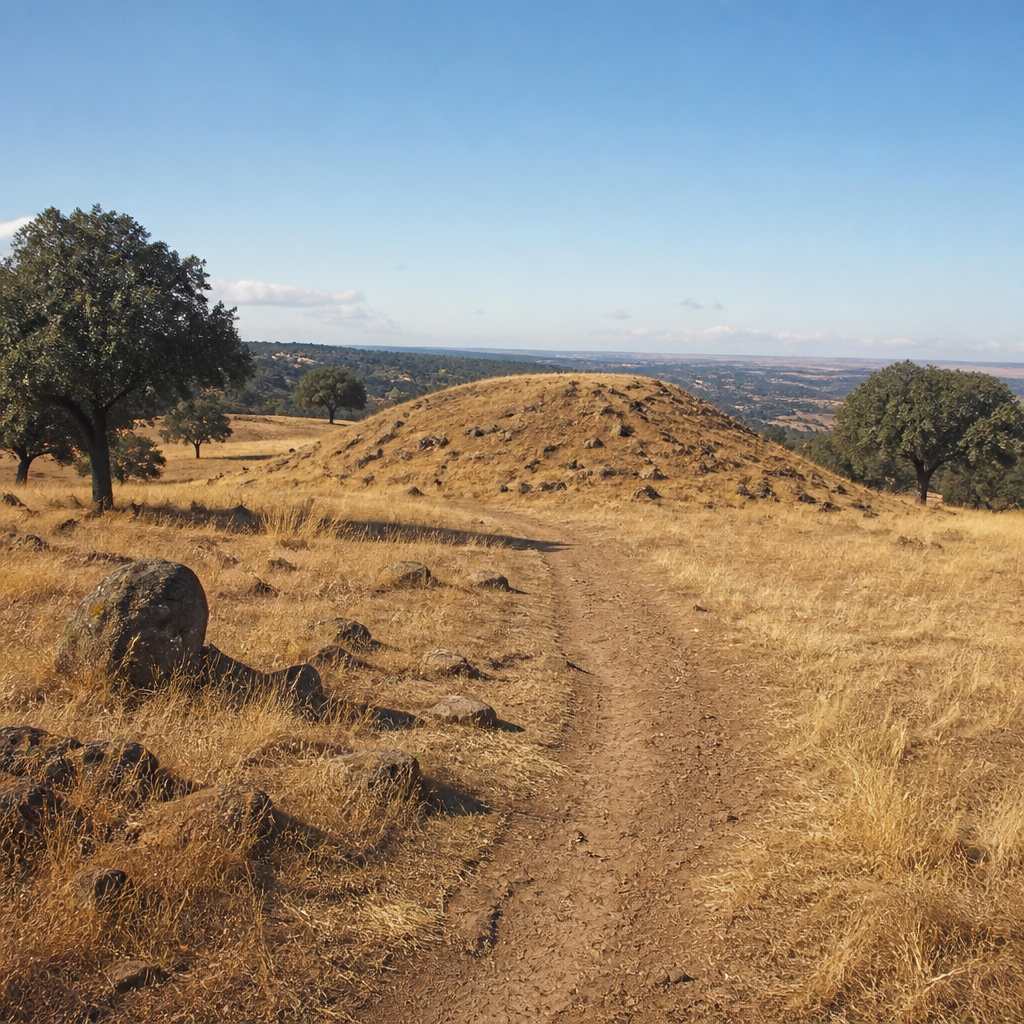 Camino de aproximación al túmulo del Atalayón de Navalmilano con el valle al fondo