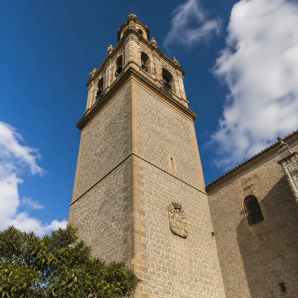 Torre campanario de granito de la Parroquia de San Miguel Arcángel en Villanueva de Córdoba