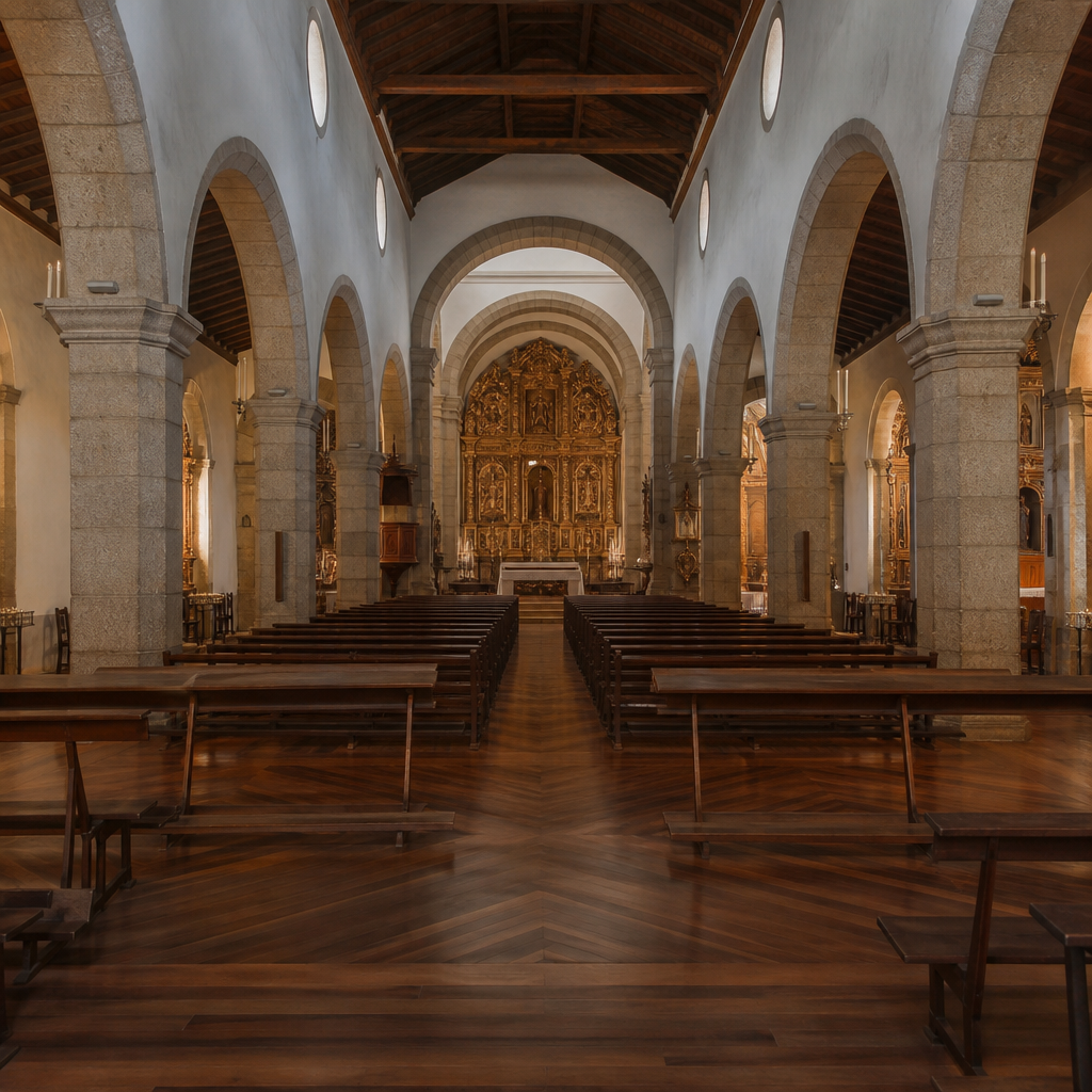 Interior de la Parroquia de San Miguel Arcángel con suelo de madera y retablo mayor en Villanueva de Córdoba