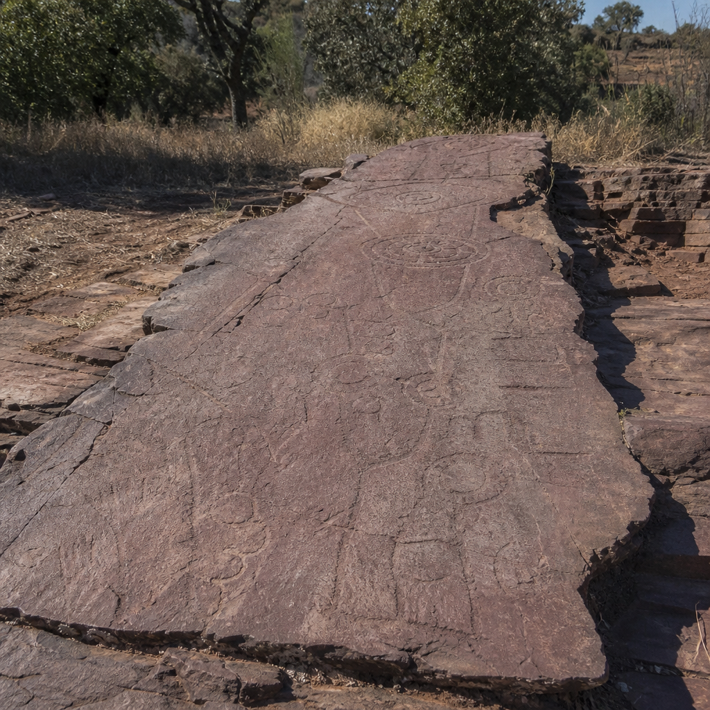 Liso de pizarra rojiza con los grabados de los Petroglifos de la Tablilla del Mellado en Villanueva de Córdoba