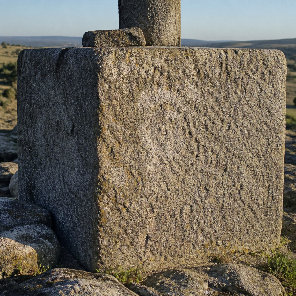 Peana de granito con la inscripción desgastada de la Cruz de la Dehesa en Villanueva del Duque