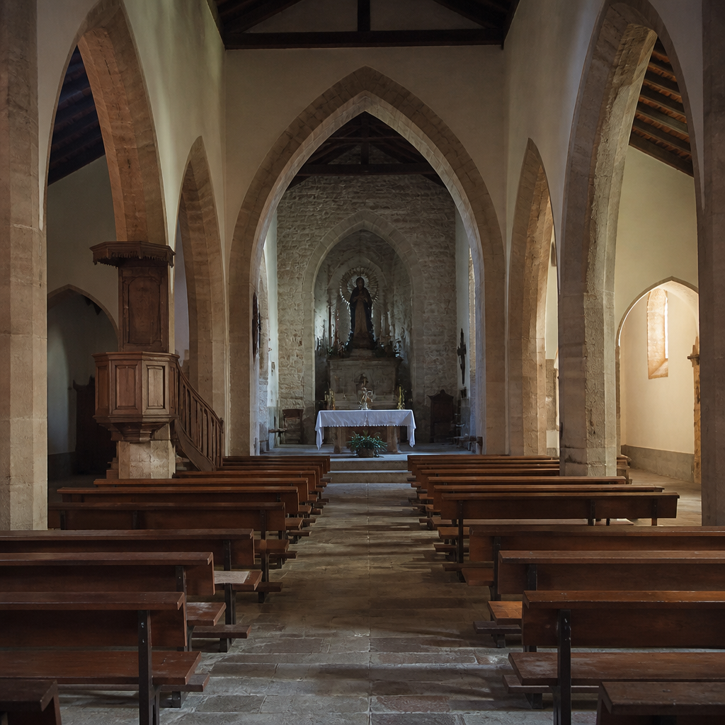 Naves con arcos apuntados y púlpito de la Ermita de la Virgen de Guía en Villanueva del Duque