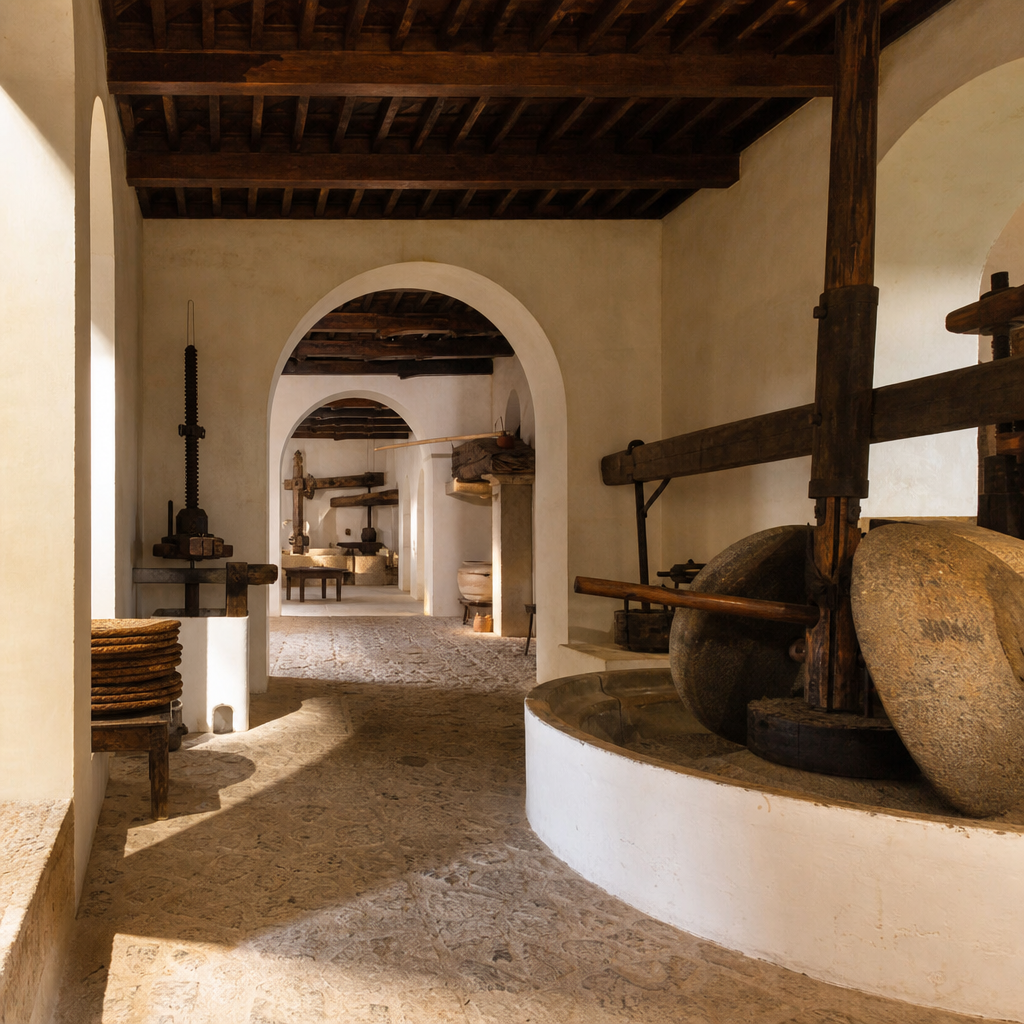 Sala del Museo de la Antigua Molina de Villanueva del Duque con techumbre de madera y luz natural