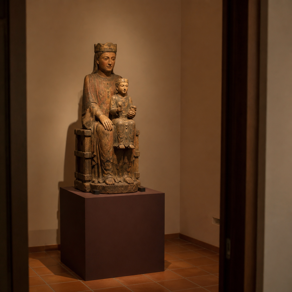 Tallas del Museo de Tallas Románicas de Villanueva del Duque en sus vitrinas