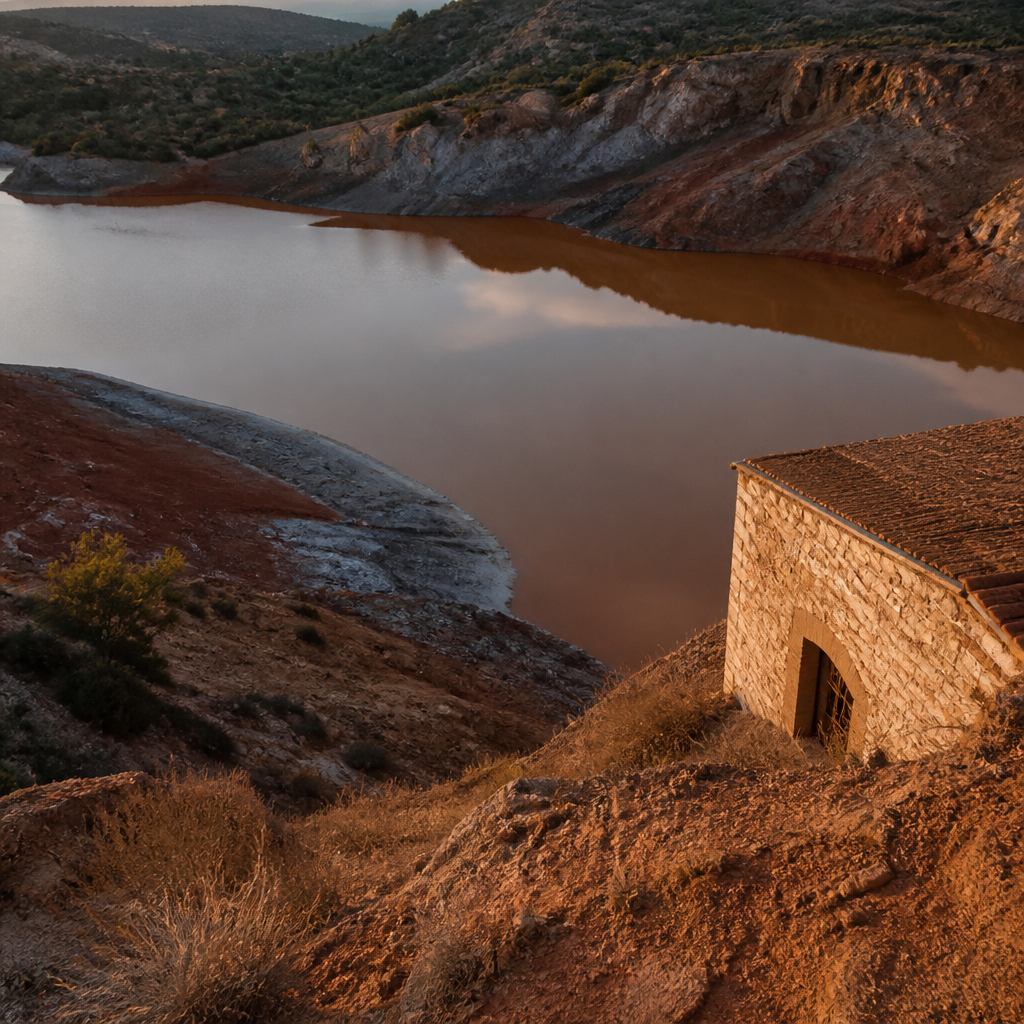 Balsa de finos de las ruinas mineras de Terreras en Villanueva del Duque