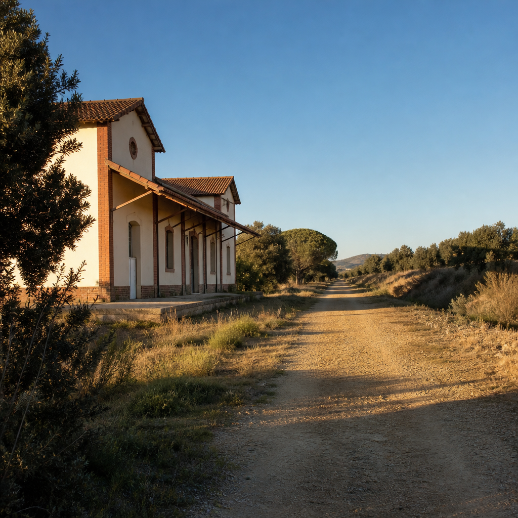 Estación restaurada de El Soldado y antiguo trazado ferroviario en Villanueva del Duque