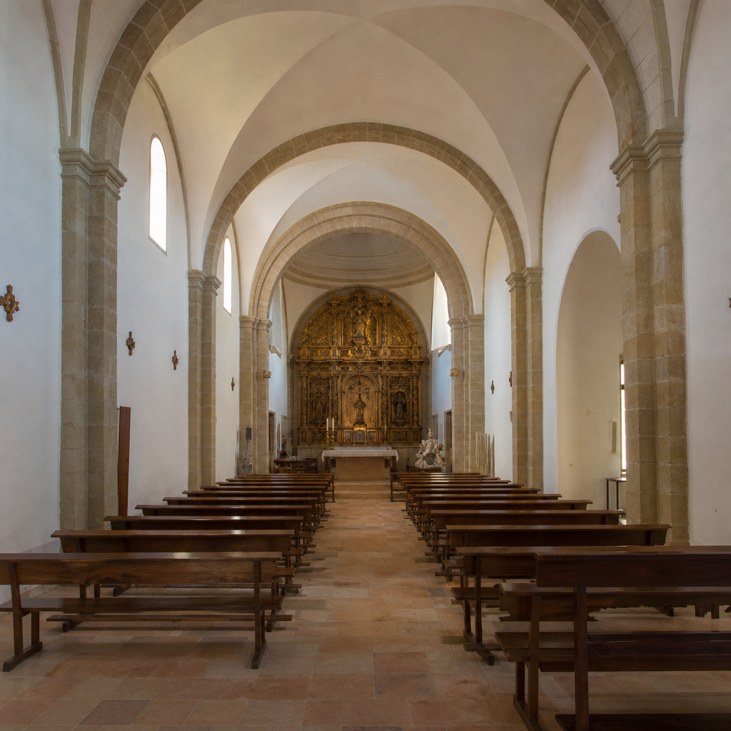 Interior de la Ermita de Santiago Apóstol de Villanueva del Rey con nave y retablo