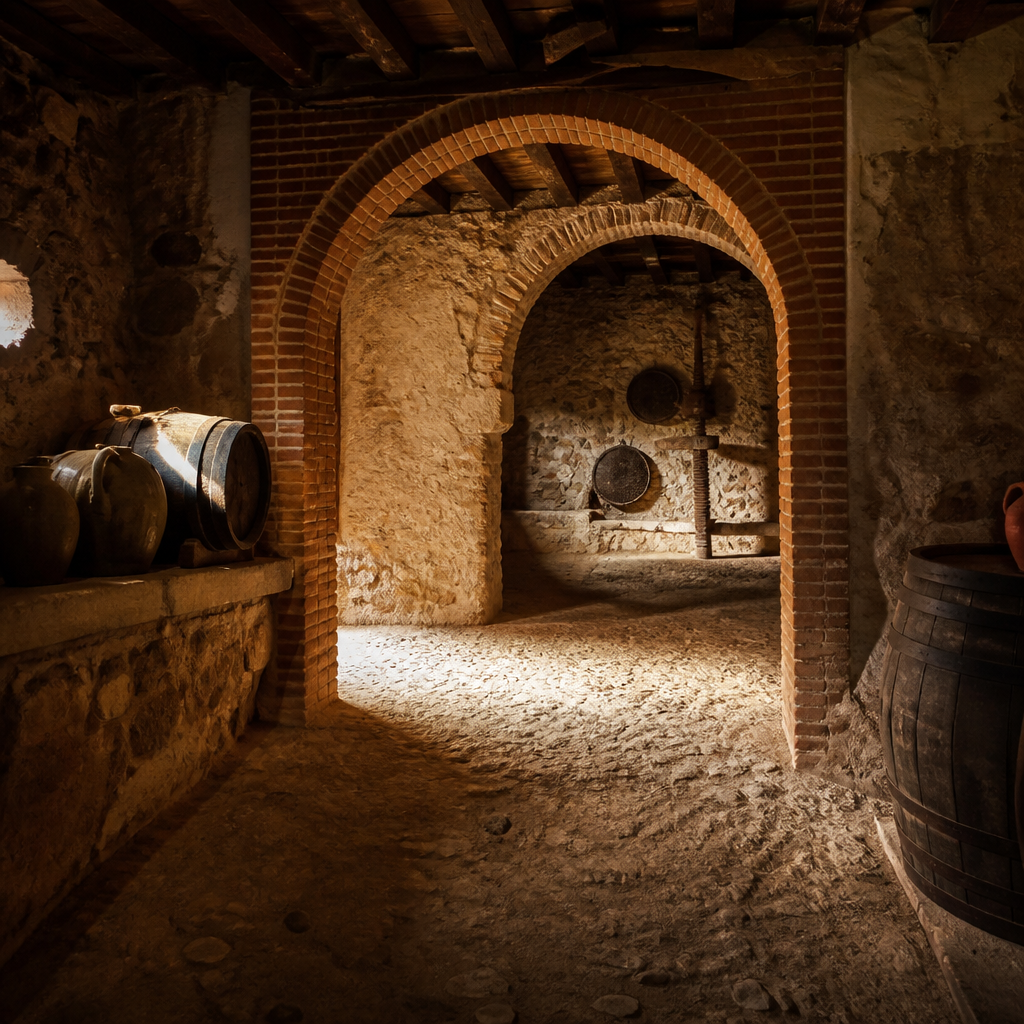 Estancias empedradas y arco de ladrillo de la antigua bodega, Casa de Costumbres de Villaviciosa de Córdoba
