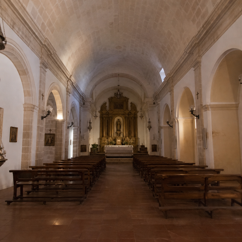 Interior del Santuario de Nuestra Señora de Villaviciosa, nave única con bóveda de cañón