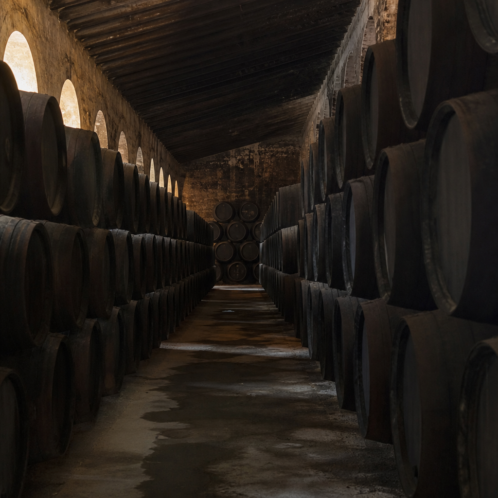 Hileras de botas de madera en una bodega de Montilla.