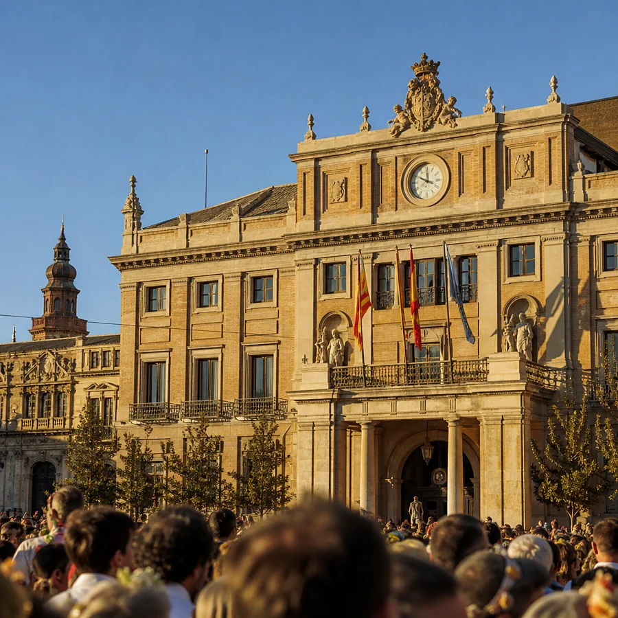 Recreación ilustrativa: Balcón del Ayuntamiento de Zaragoza donde se lee el pregón de las Fiestas del Pilar