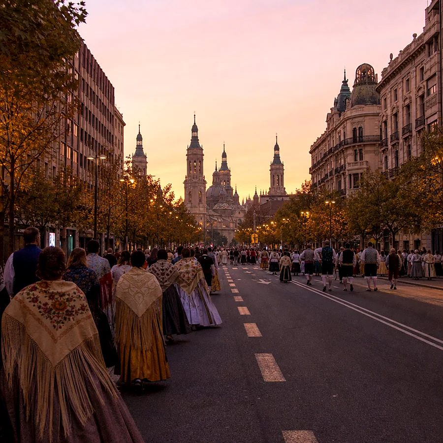 Recreación ilustrativa: Paseo de la Independencia durante la Ofrenda de Flores de las Fiestas del Pilar en Zaragoza