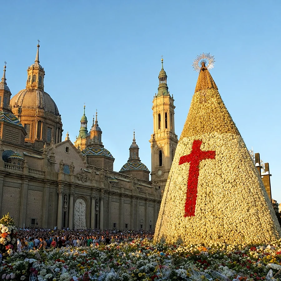 Recreación ilustrativa: Manto floral de la Virgen en la Ofrenda de Flores de las Fiestas del Pilar de Zaragoza