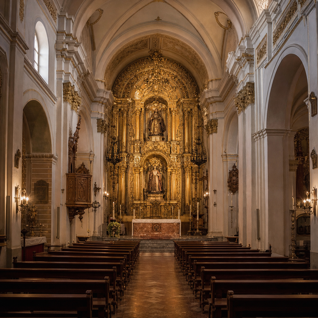 Retablo mayor barroco con frontal de mármol rojo en la Iglesia de los Remedios de Zuheros
