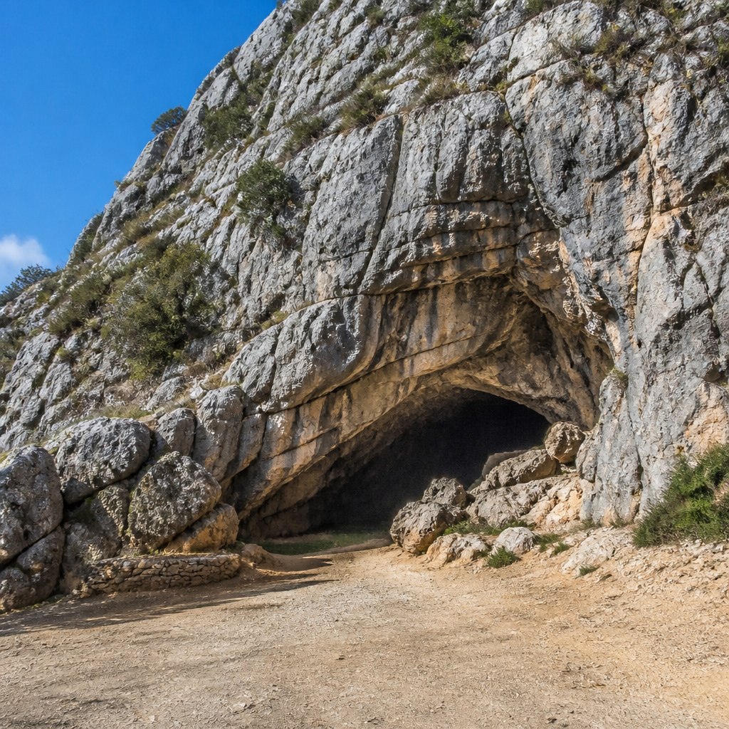 Entrada de la Cueva de los Murciélagos en el cerro de Zuheros.